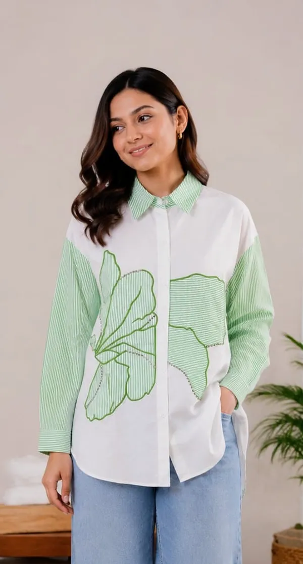 White_Green_Cotton_Relaxed_Fit_Striped_Embroidered_Shirt_For_Women