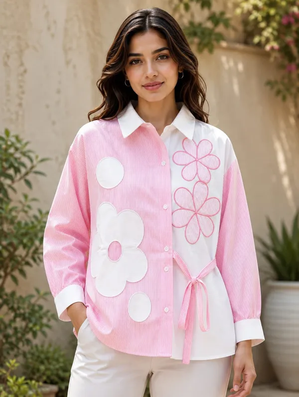 Pink_Cotton_Striped_Tie-Waist_Floral_Applique_Shirt_For_Women