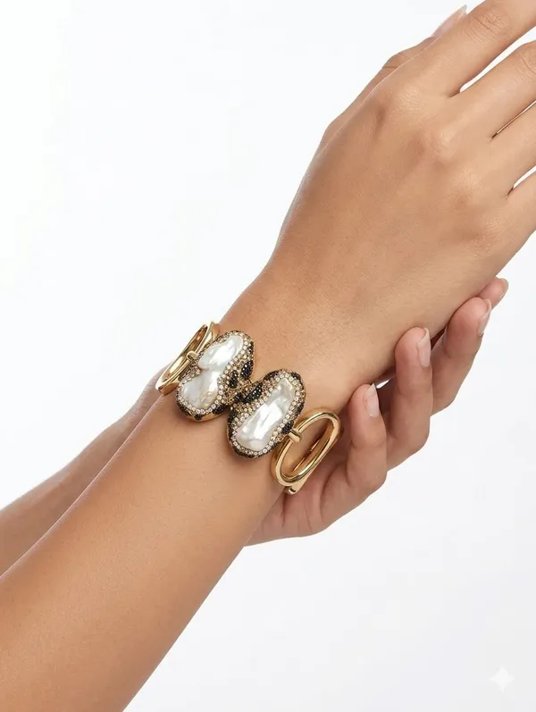 White_Alloy_Baroque_Pearl_Pave_Sculptural_Link_Bracelet_For_Women