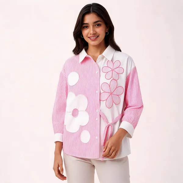 Pink_Cotton_Striped_Tie-Waist_Floral_Applique_Shirt_For_Women