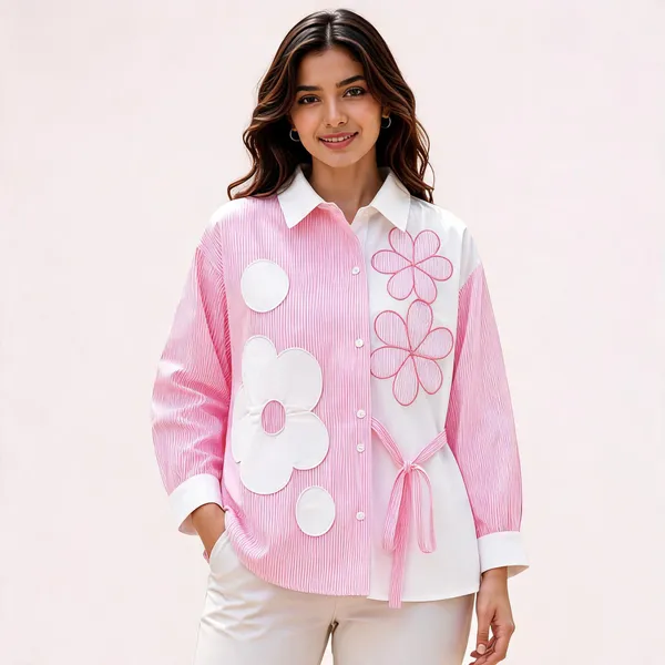 Pink_Cotton_Striped_Tie-Waist_Floral_Applique_Shirt_For_Women