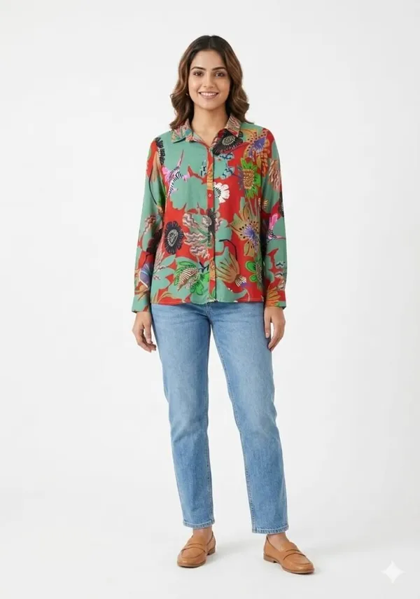Printed_Crepe_Floral_Button-Down_Shirt_For_Women