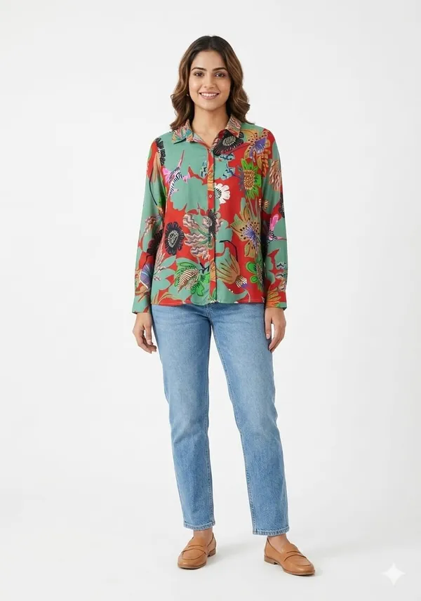 Printed_Crepe_Floral_Button-Down_Shirt_For_Women