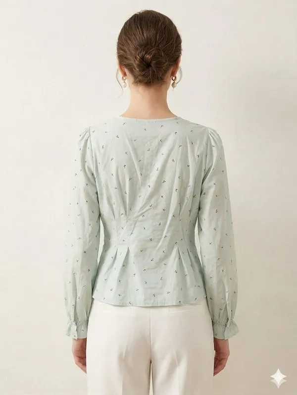 Mint_Green_Cotton_Lace-Trim_V-Neck_Blouse_For_Women