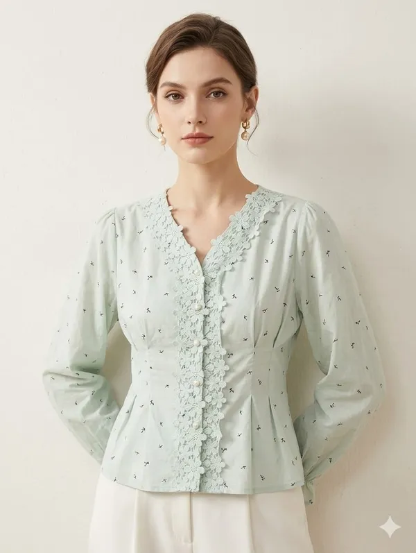 Mint_Green_Cotton_Lace-Trim_V-Neck_Blouse_For_Women