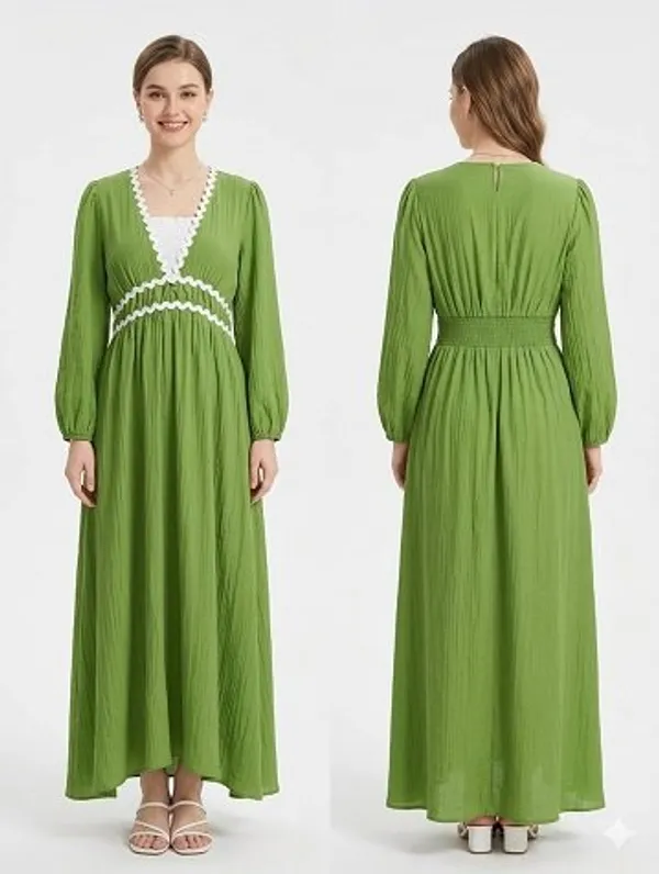 Green_Cotton_Smocked_V-Neck_Maxi_Dress_For_Women