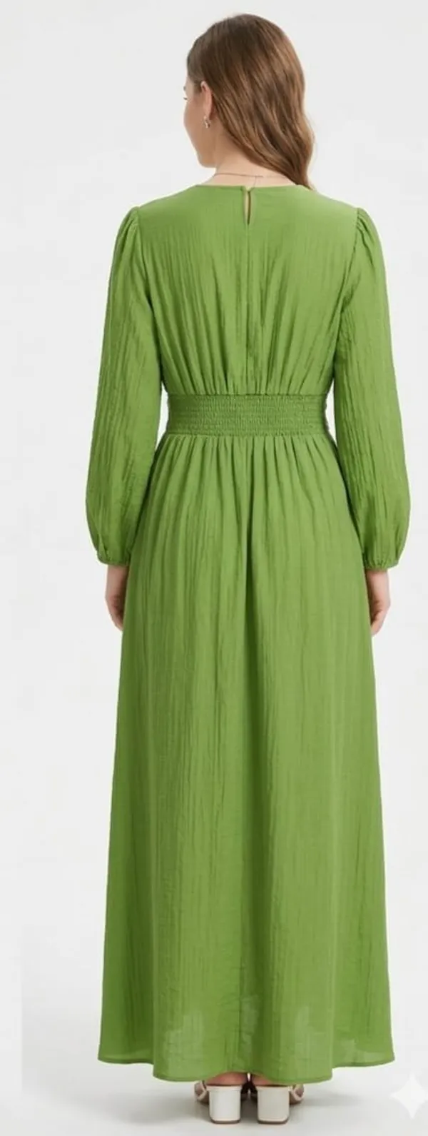 Green_Cotton_Smocked_V-Neck_Maxi_Dress_For_Women