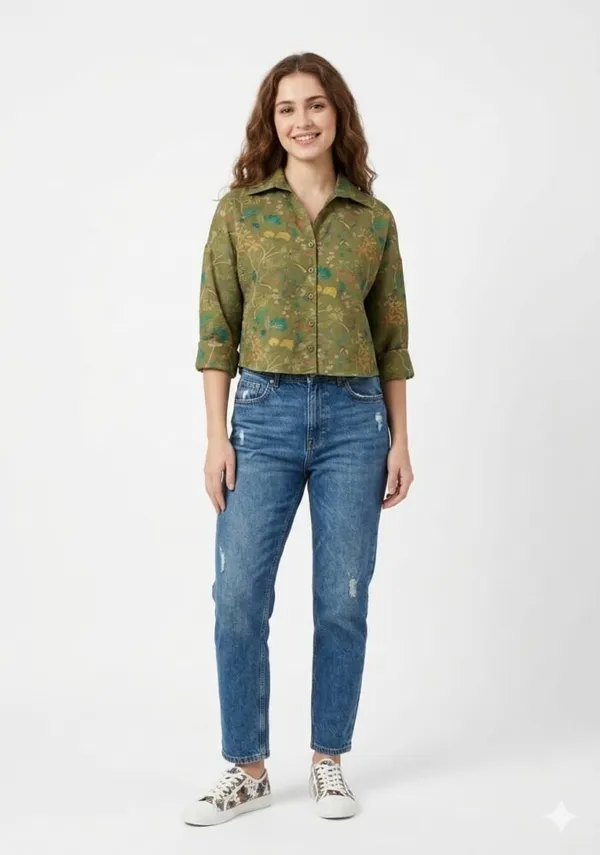 Olive_Green_Viscose_Boxy_Botanical_Print_Crop_Shirt_For_Women