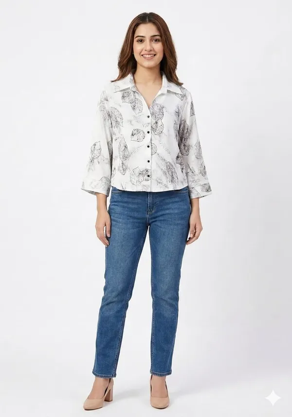 White_Satin_Boxy_Skeletal_Leaf_Print_Crop_Shirt_For_Women