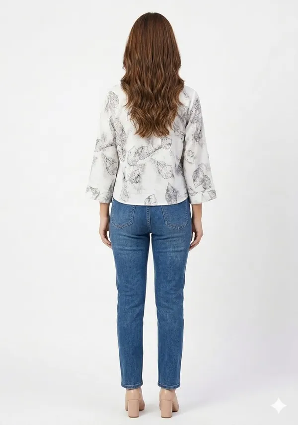 White_Satin_Boxy_Skeletal_Leaf_Print_Crop_Shirt_For_Women