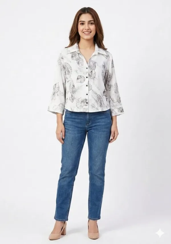 White_Satin_Boxy_Skeletal_Leaf_Print_Crop_Shirt_For_Women