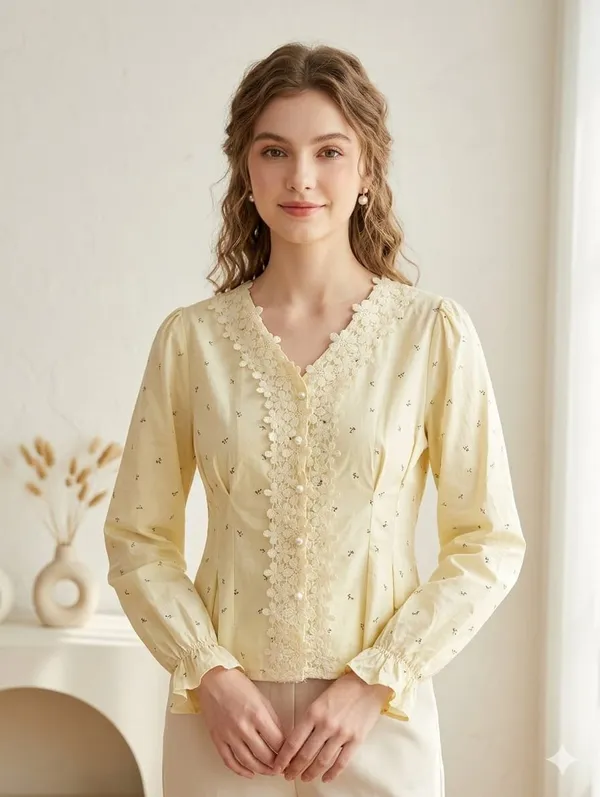 Yellow_Cotton_Lace_Trim_Floral_Print_Blouse_For_Women