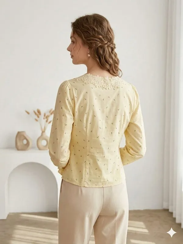 Yellow_Cotton_Lace_Trim_Floral_Print_Blouse_For_Women