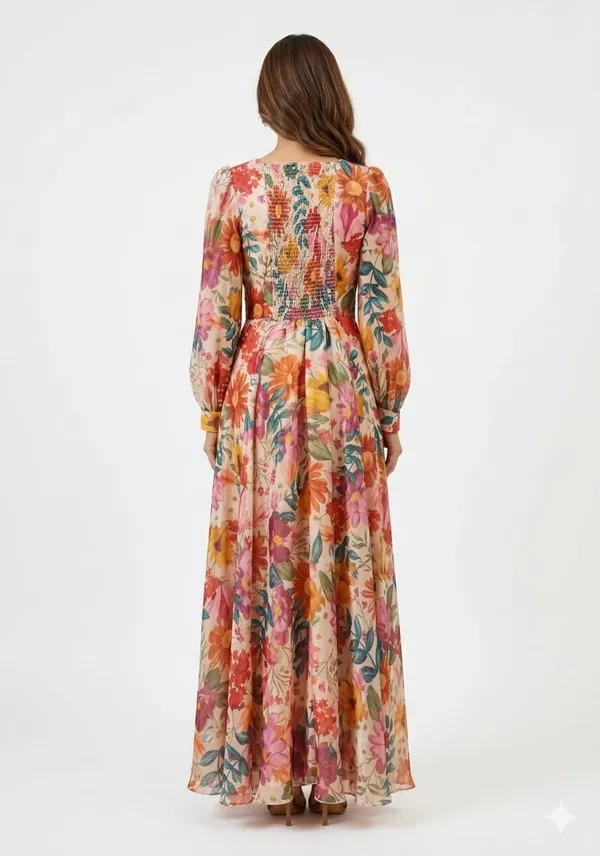 V-Neck_Long_Sleeve_Floral_Gown,_3D_Flower_Accent_Empire_Waist