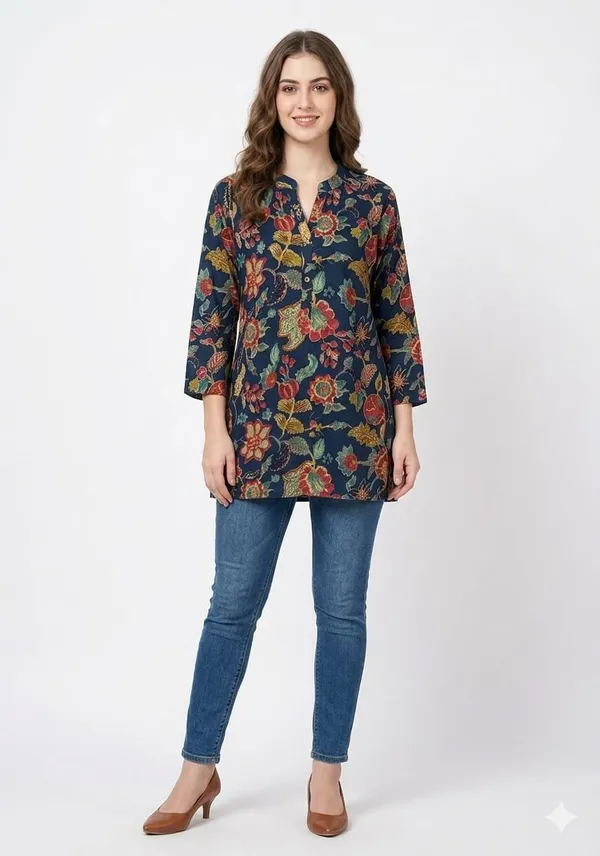 Blue_Cotton_Straight_Kalamkari_Print_Short_Kurti_For_Women