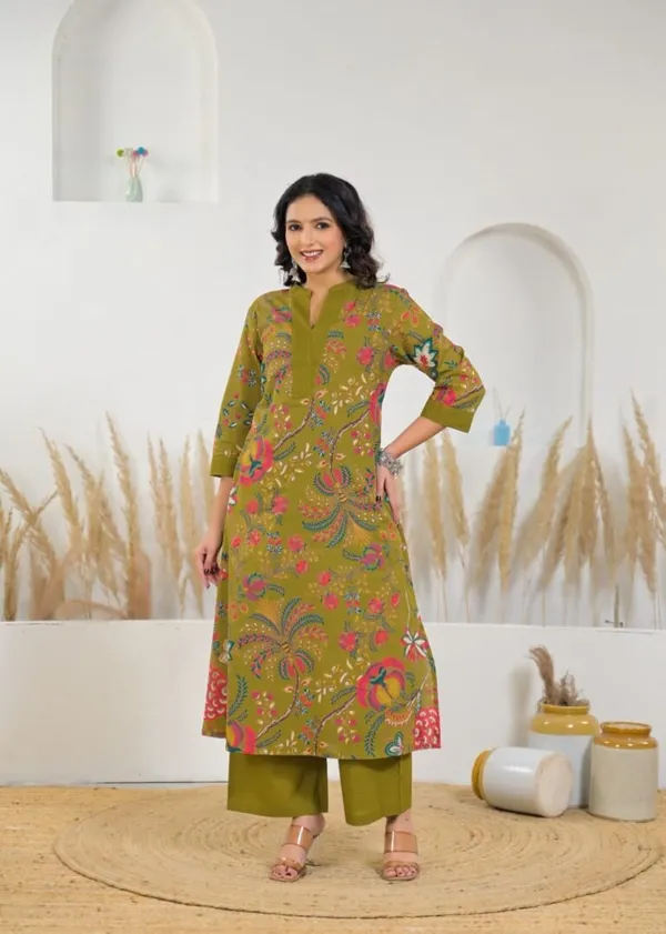 Olive_Green_Cotton_Floral_Kurta_Co-Ord_Set_For_Women