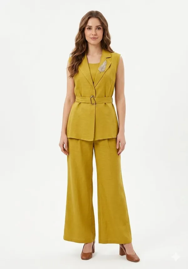 Mustard_Cotton_Tailored_Sleeveless_Three_Piece_Coat_Set_For_Women