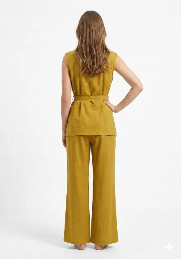 Mustard_Cotton_Tailored_Sleeveless_Three_Piece_Coat_Set_For_Women