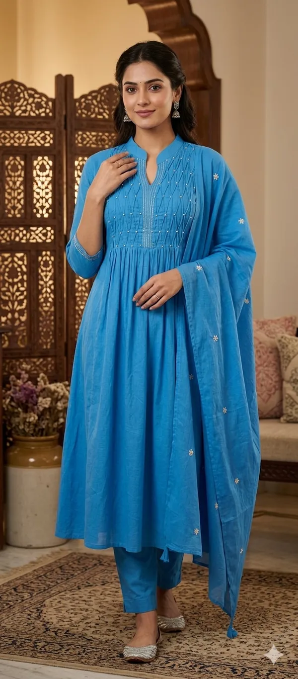 Blue_Cotton_Anarkali_Pintuck_Pearl_Suit_Set_For_Women