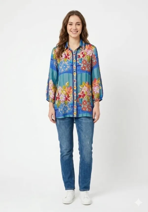 Blue_Crepe_Floral_Print_Long_Sleeve_Top_For_Women