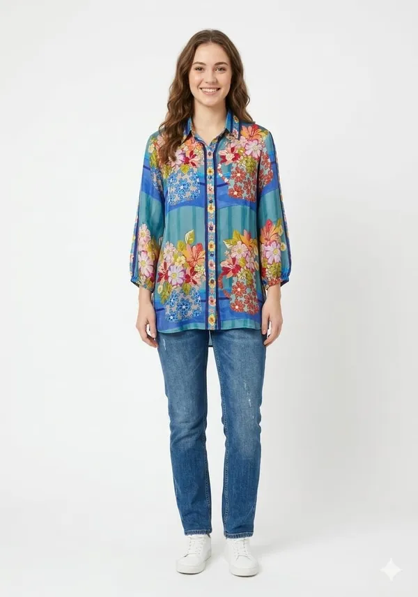 Blue_Crepe_Floral_Print_Long_Sleeve_Top_For_Women