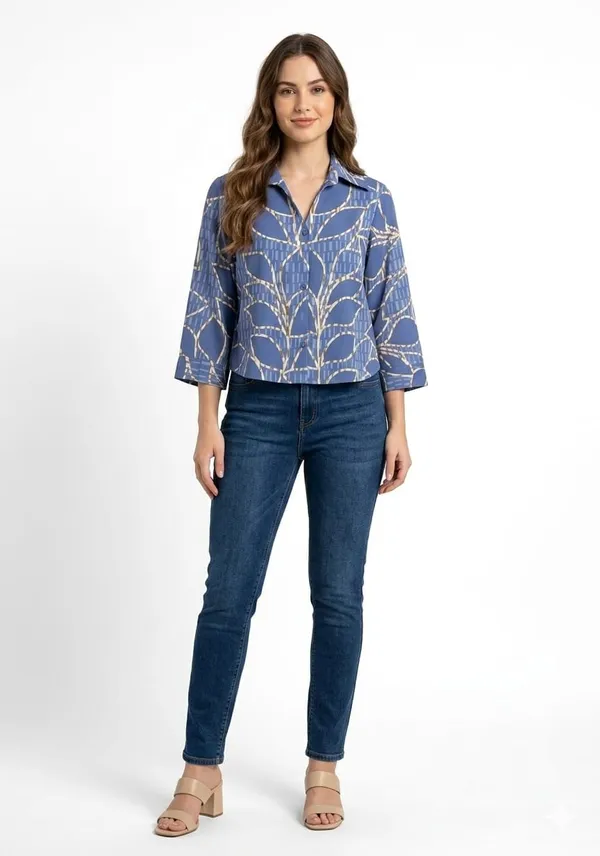 Blue_Satin_Boxy_Crop_Leaf_Print_Shirt_For_Women