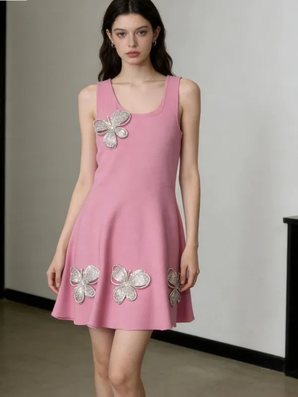 Pink_Hosiery_Flared_Butterfly_Applique_Dress_For_Women