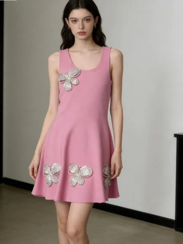 Pink_Hosiery_Flared_Butterfly_Applique_Dress_For_Women