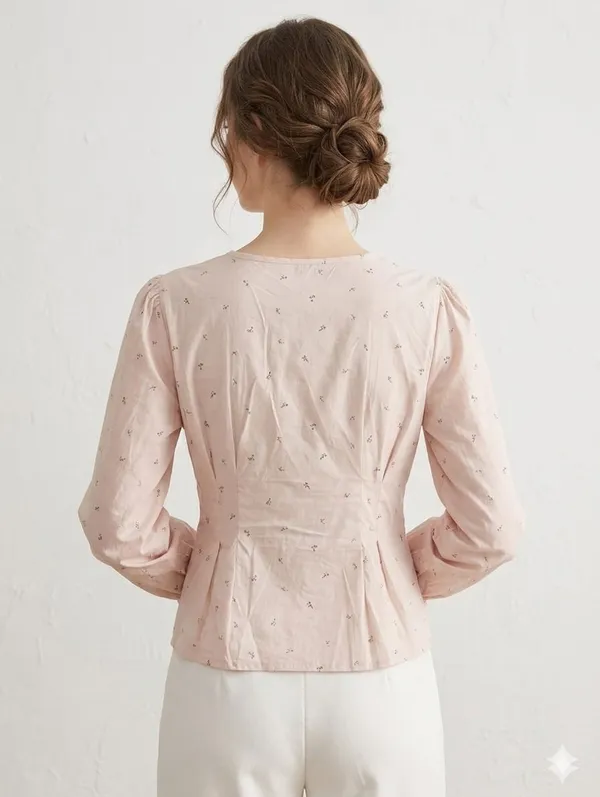 Pink_Cotton_Lace-Trim_V-Neck_Blouse_For_Women