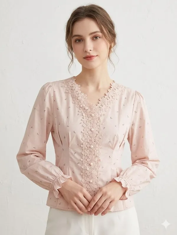 Pink_Cotton_Lace-Trim_V-Neck_Blouse_For_Women