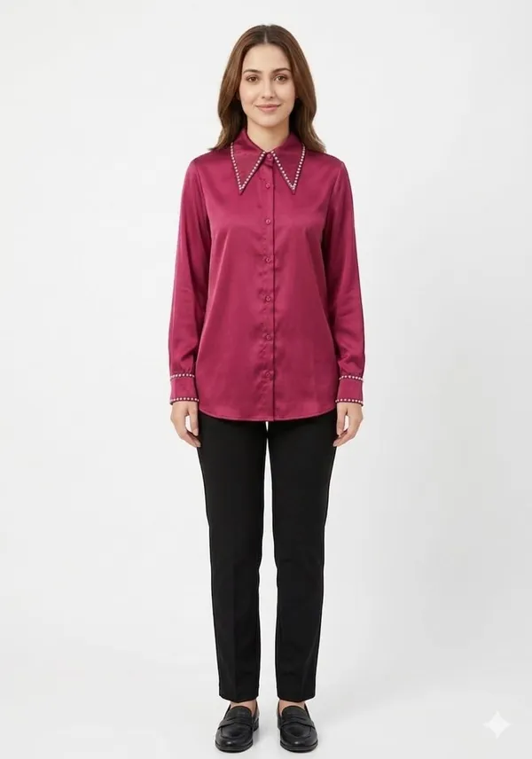 Red_Satin_Oversized_Stone_Work_Shirt_For_Women