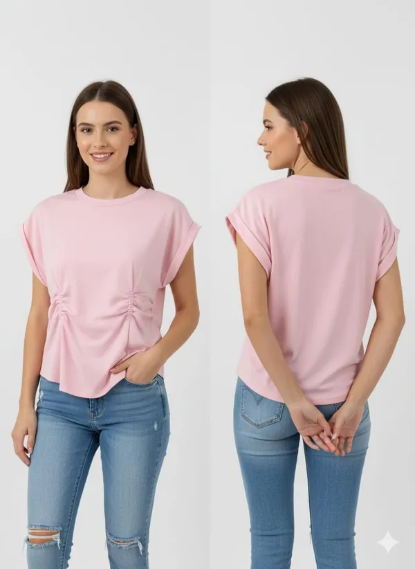 Pink_Cotton_Dropped-Shoulder_Ruched_Waist_T-Shirt_For_Women