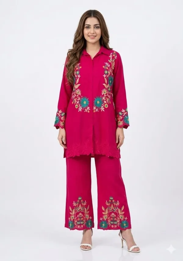 Fuchsia_Pink_Cotton_Floral_Embroidered_Shirt_Co_Ord_Set_For_Women