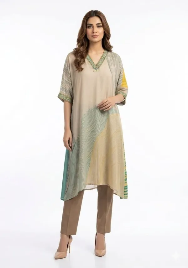 Beige_Crepe_Flowy_Wave_Print_Embroidered_Kaftan_Tunic_For_Women