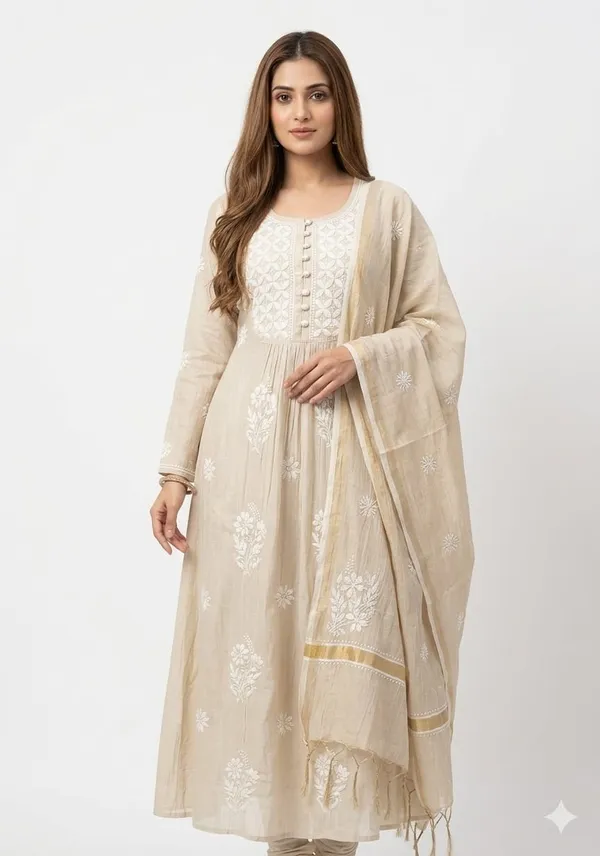 Beige_Chanderi_Gathered_Anarkali_Suit_Set_For_Women
