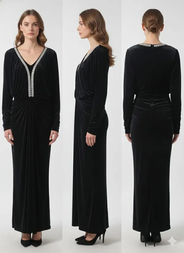 Black_Velvet_Crystal_Neck_Ruched_Evening_Gown_For_Women