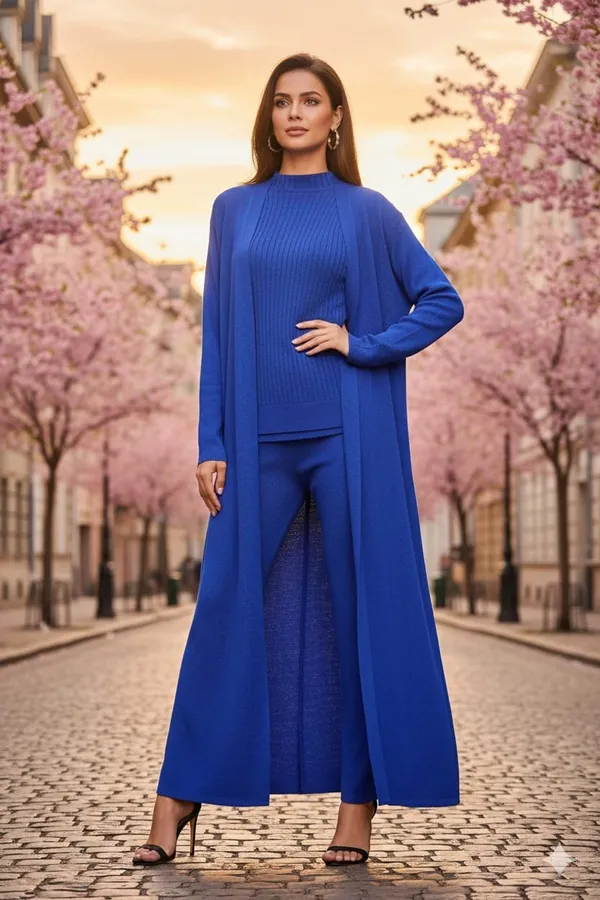 Royal_Blue_Wool_Knit_Duster_Coat_Trouser_Set_For_Women