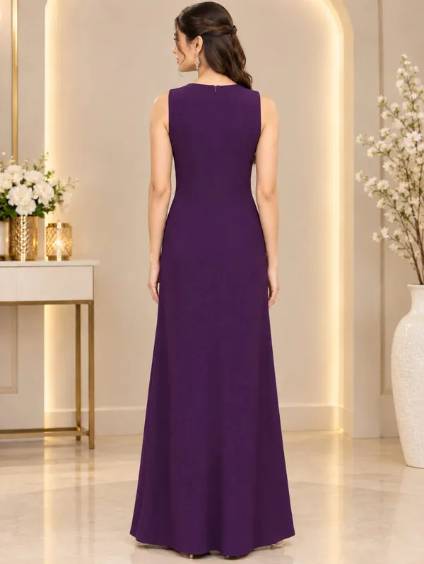 Crystal-Brooch_Draped_Maxi_Dress,_Sleeveless_Plum_Shimmer_Party_Dress