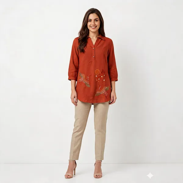 Rust_Cotton_Crane_Embroidered_Short_Kurti_For_Women