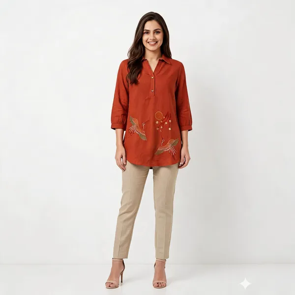 Rust_Cotton_Crane_Embroidered_Short_Kurti_For_Women