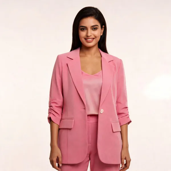 Pink_Crepe_Single-Breasted_Ruched_Sleeve_Blazer_Set_For_Women