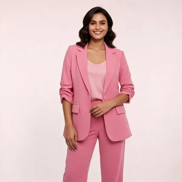 Pink_Crepe_Single-Breasted_Ruched_Sleeve_Blazer_Set_For_Women