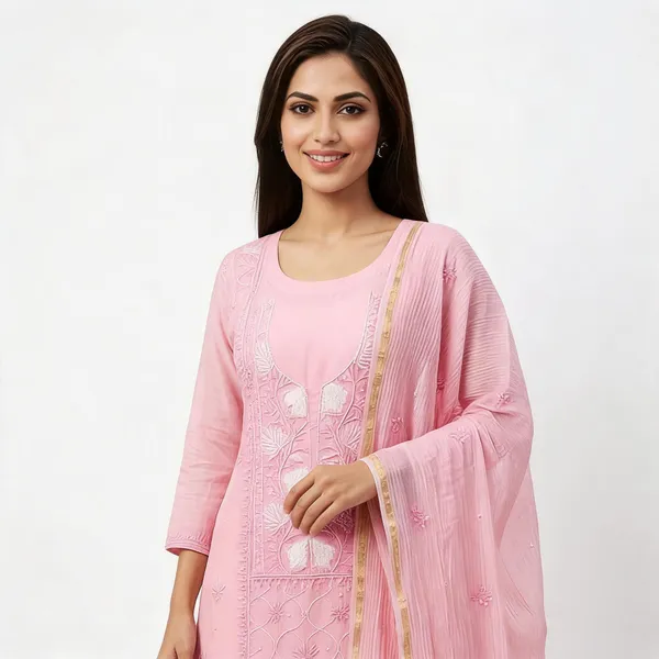 Powder_Pink_Mul_Mul_Chikankari_Straight_Suit_Set_For_Women