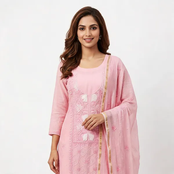 Powder_Pink_Mul_Mul_Chikankari_Straight_Suit_Set_For_Women