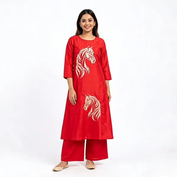 Red_Cotton_Horse_Motif_Embroidered_Wide_Leg_Co-Ord_Set_For_Women