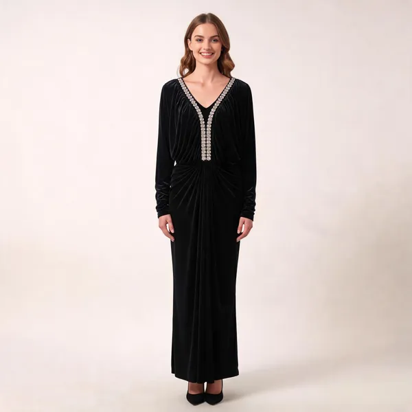 Black_Velvet_Crystal_Neck_Ruched_Evening_Gown_For_Women