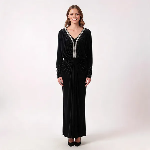 Black_Velvet_Crystal_Neck_Ruched_Evening_Gown_For_Women