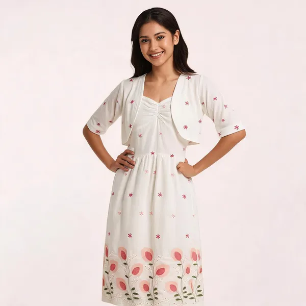 White_Cotton_Floral_Embroidered_Bolero_Midi_Set_For_Women