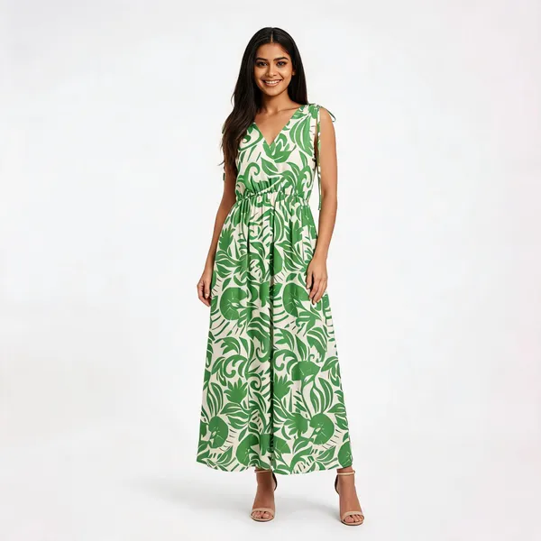 Green_Cotton_Tropical_Print_Sleeveless_Maxi_Dress_For_Women