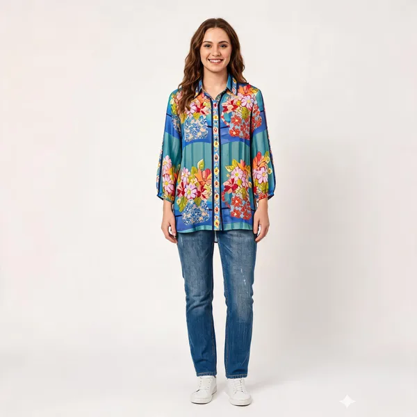 Blue_Crepe_Floral_Print_Long_Sleeve_Top_For_Women